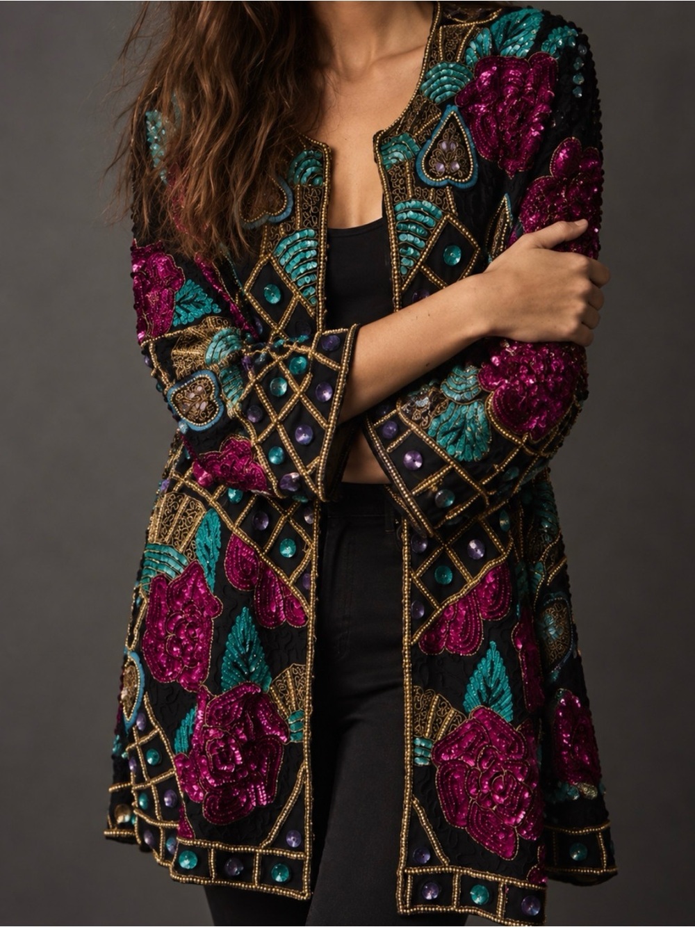 Vintage 100% Silk Sequin beaded Floral Coat Jacket XL
